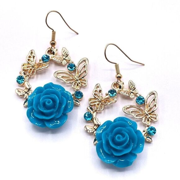 Yellow Gold with Blue Roses and Crystal Dangling Butterfly Hook Earrings - Picture 1 of 8